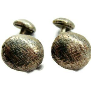 Basket Weave Pattern Sterling Silver 925 Vintage Patina Cufflinks Round